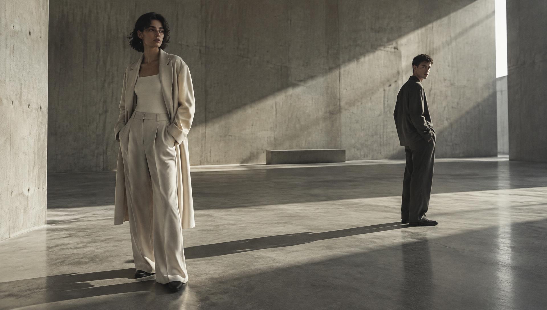 Two models in neutral tailoring standing apart in a concrete gallery space