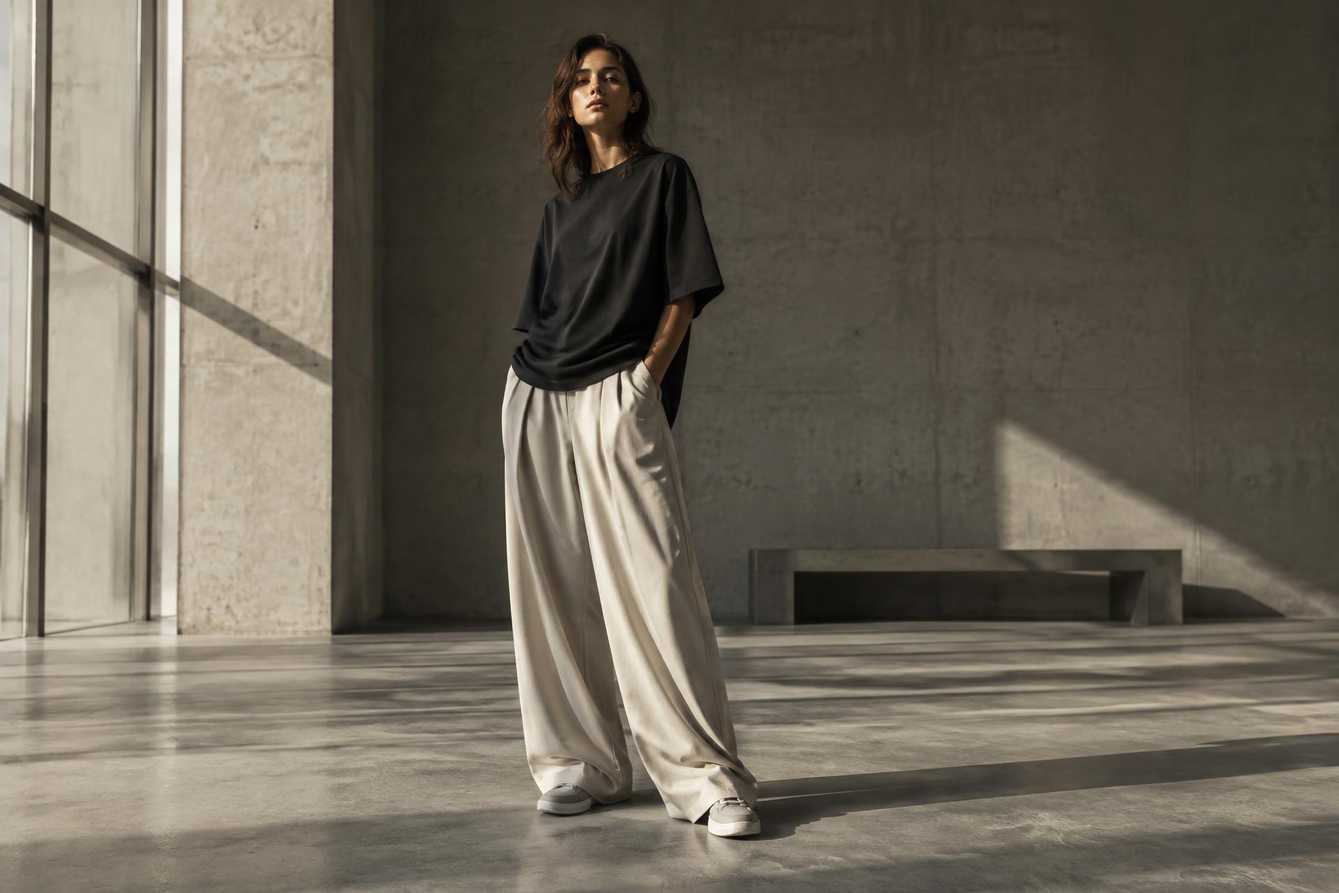 Dear Rich campaign: a model in a relaxed black tee and ivory trousers in a sunlit stone gallery