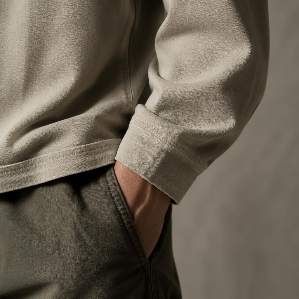 Close detail of cotton twill sleeve and stitching