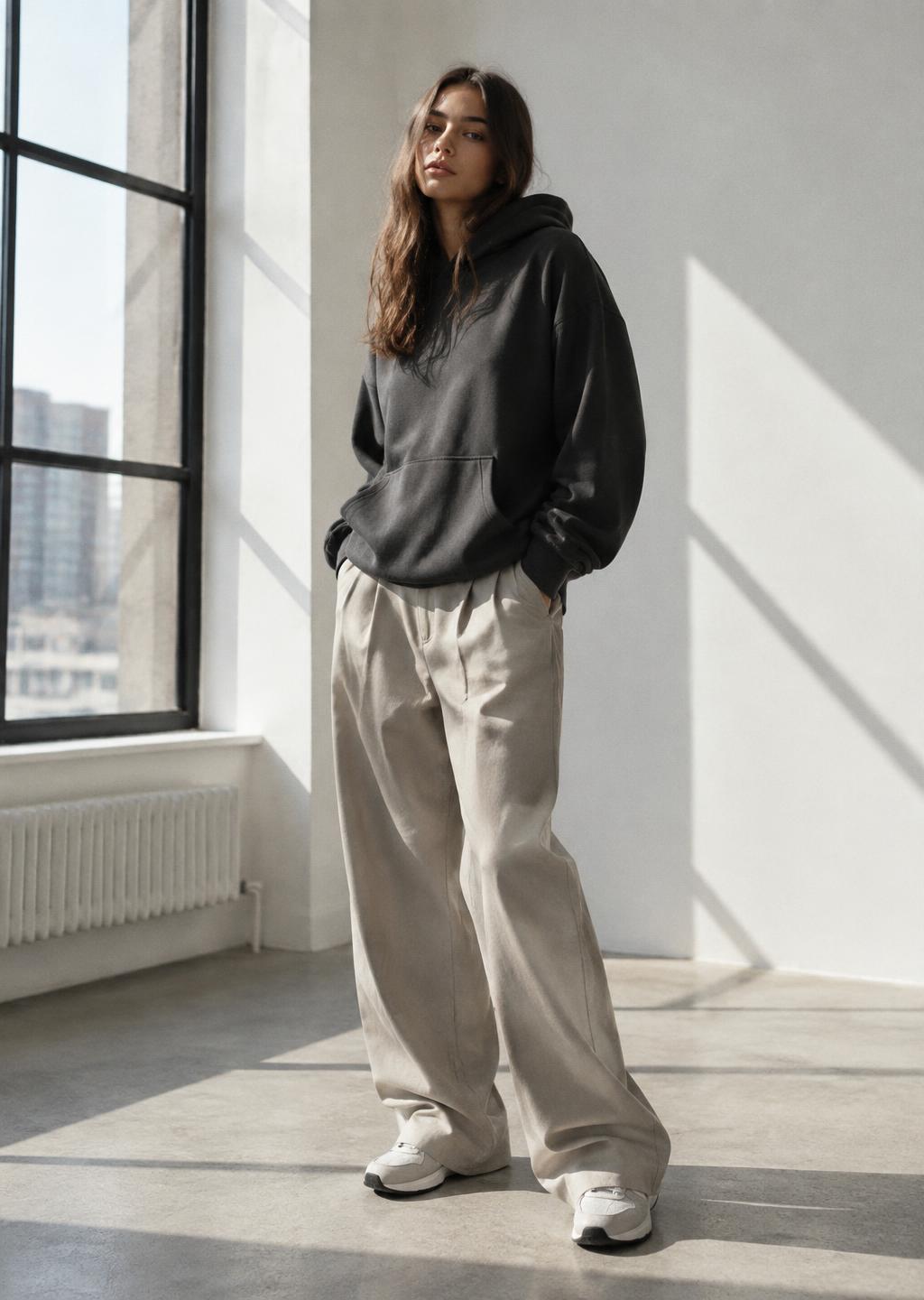 Model in a charcoal hoodie and stone trousers beside a tall window