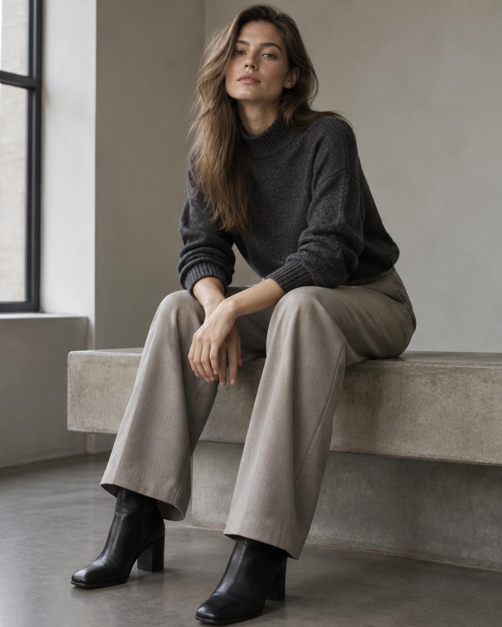 Model seated on a concrete ledge wearing charcoal knitwear and stone trousers
